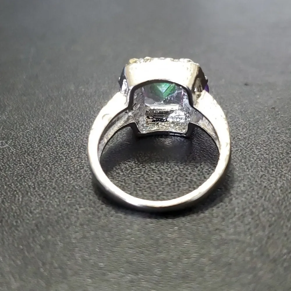 Silver tone rainbow rhinestone ring
